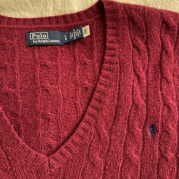 NWOT Polo Ralph Lauren burgundy v-neck cashmere-wool cable knit sweater size L - Picture 2 of 3